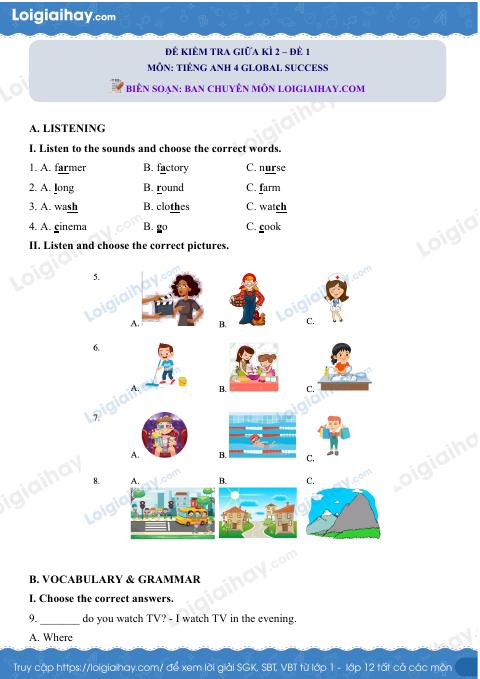 Đề thi giữa kì 2 Tiếng Anh 4 Global Success - Đề số 1